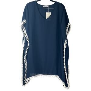 Adreamly Navy Blue Chiffon Tassel Kaftan Beach Cover Up Size S NWT